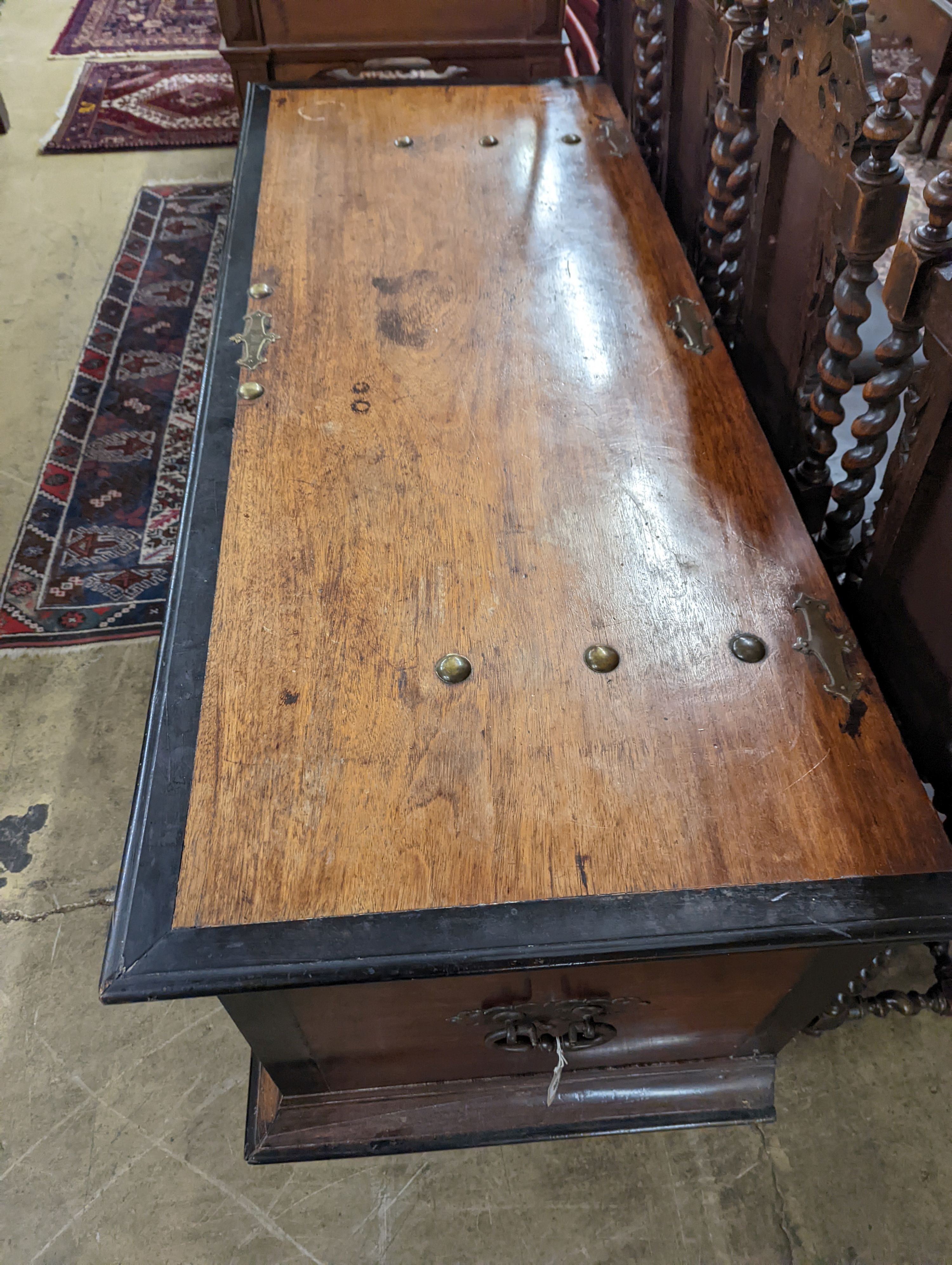 A 19th century Dutch mahogany and parcel ebonised coffer. W-154cm, D-62cm, H-76cm.